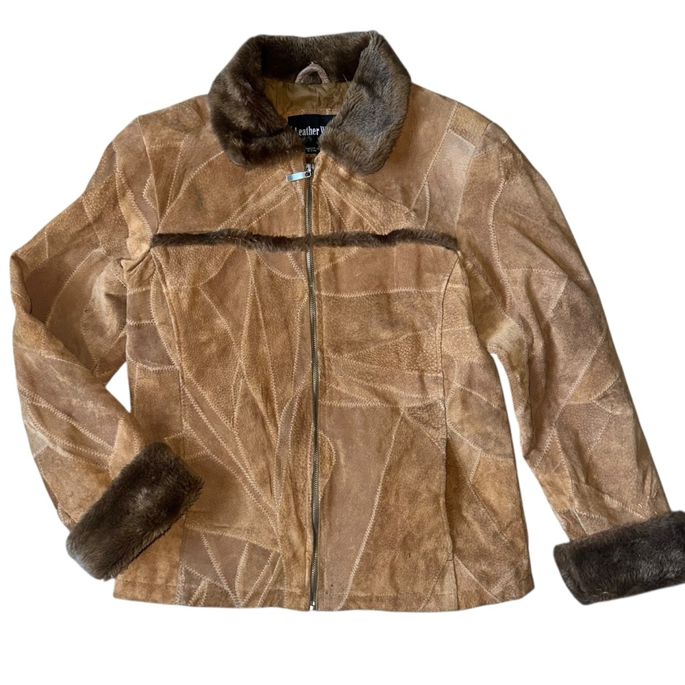 Y2K Leather Works patchwork suede jacket with faux fur trim. S but fits like M